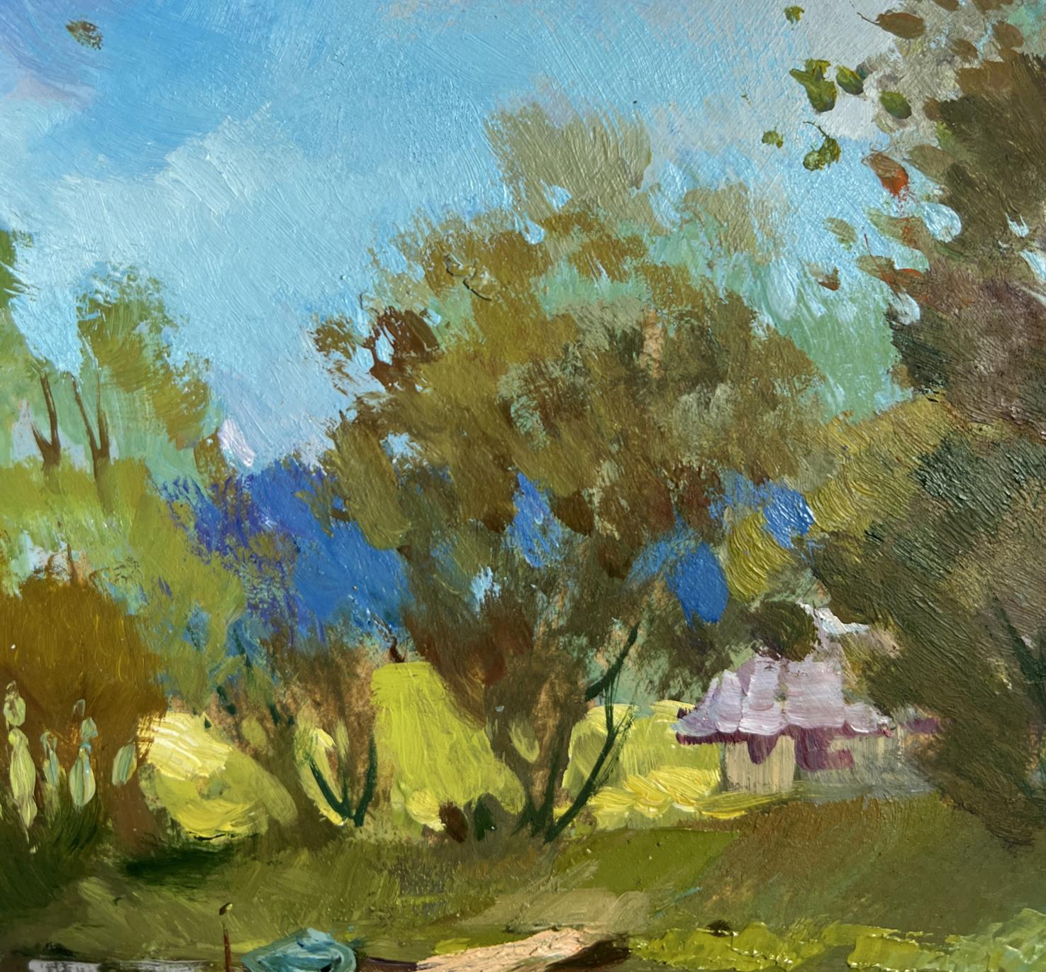 Oil painting of quiet ferryman in pastel cottage village by Yuriy Suprunchuk