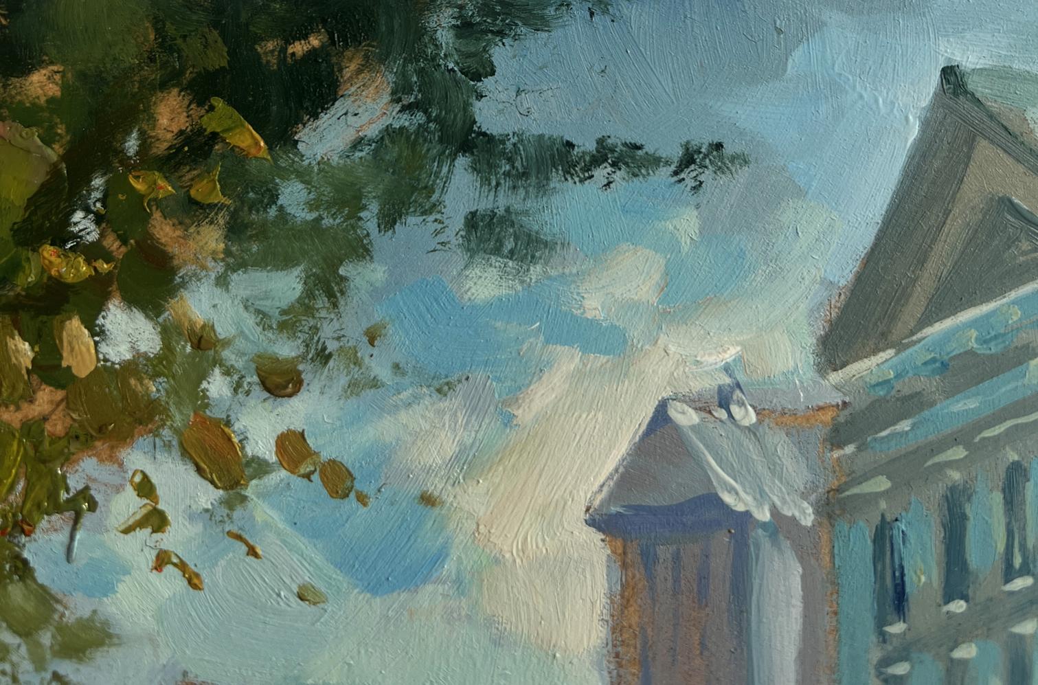 Oil painting of city central street with blue roof by Yuriy Suprunchuk