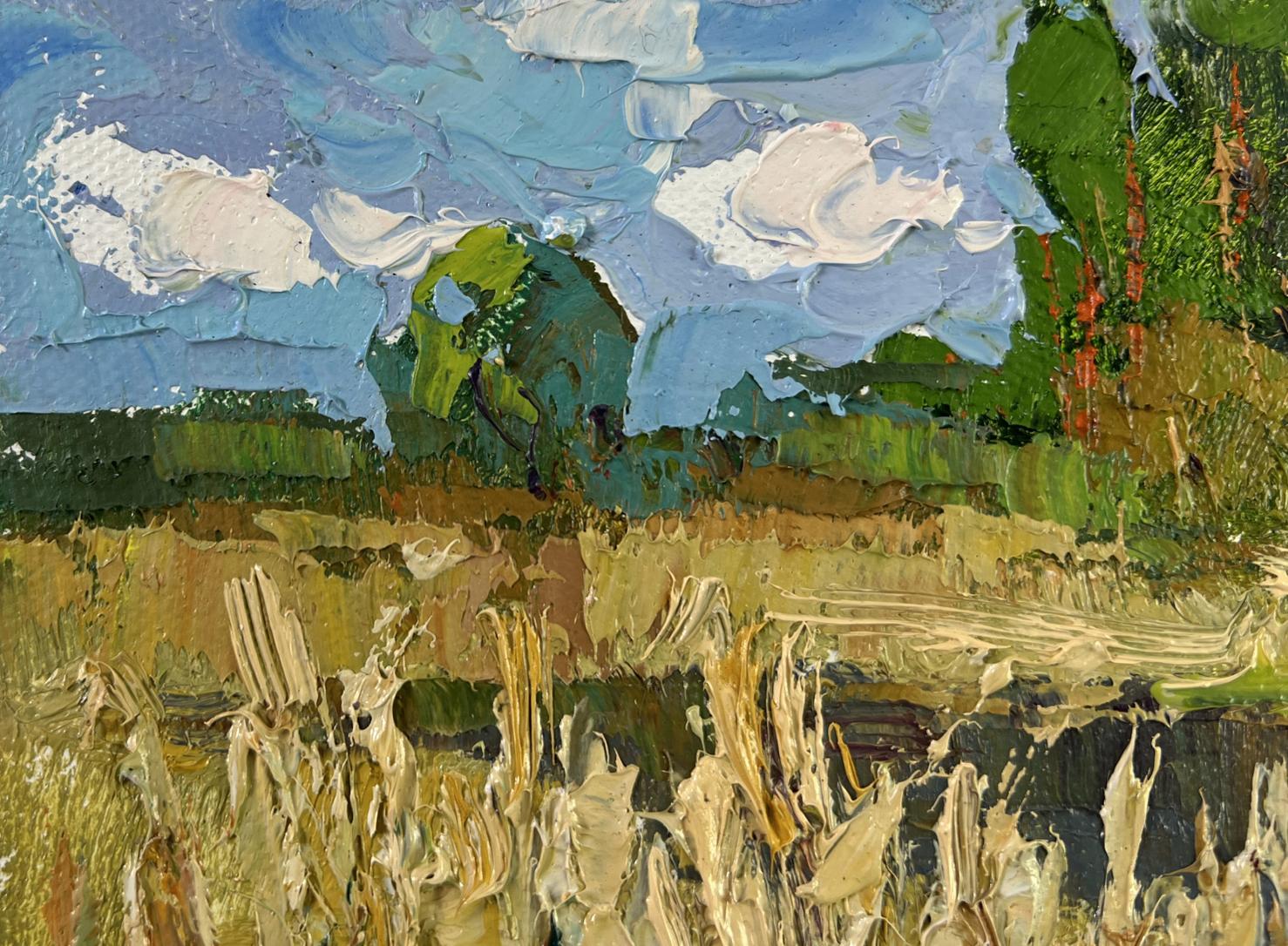 Impasto oil painting Where Water Sleeps by Oksana Ivanyuk, blue sky and golden field