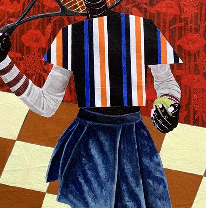 Vibrant acrylic painting Focus on the Goal by Akintomide Akinshola: tennis player in motion