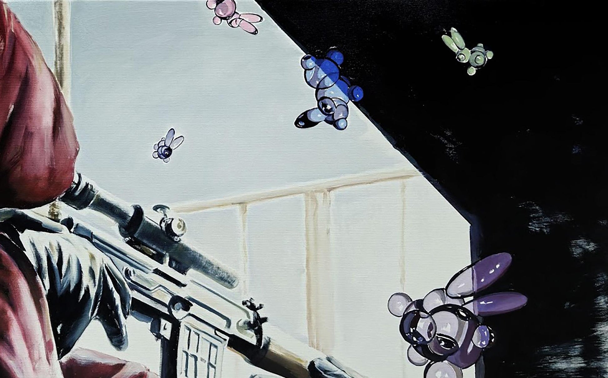 Surreal oil painting Approaching Danger by Igor Konovalov: sniper rifle on white wall