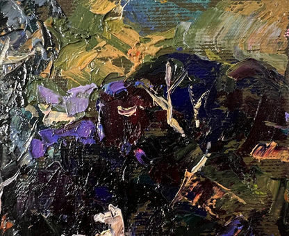 Oil painting In the dark forest by Oleksiy Ivanyuk with impasto strokes