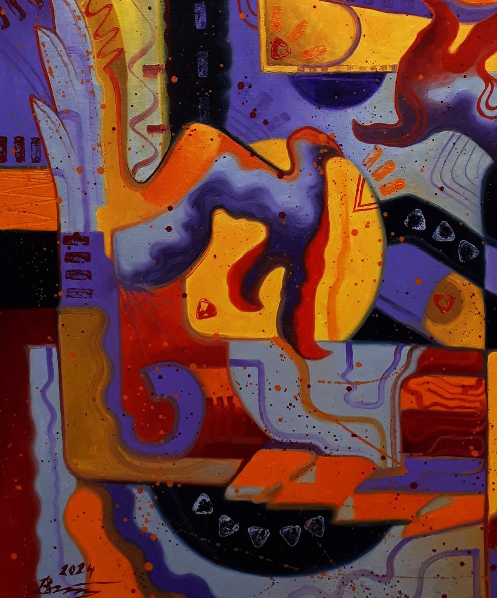 Vibrant abstract oil painting Biting the Tail by Sergiy Voichenko with orange purple yellow swirls
