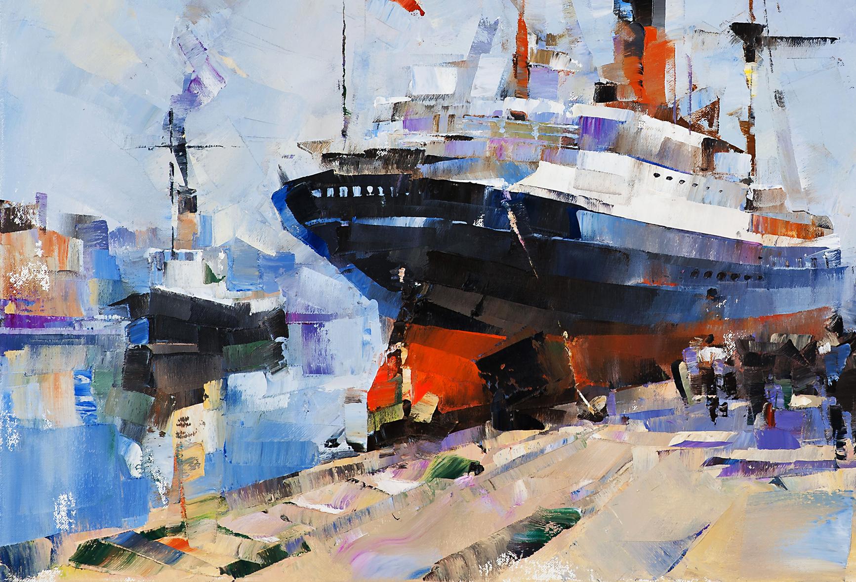 Bold abstract oil painting of black ocean liner by Volodymyr Gluhomanyuk