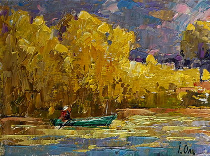 Vibrant impressionist canoe painting by Oleksiy & Oksana Ivaniuk