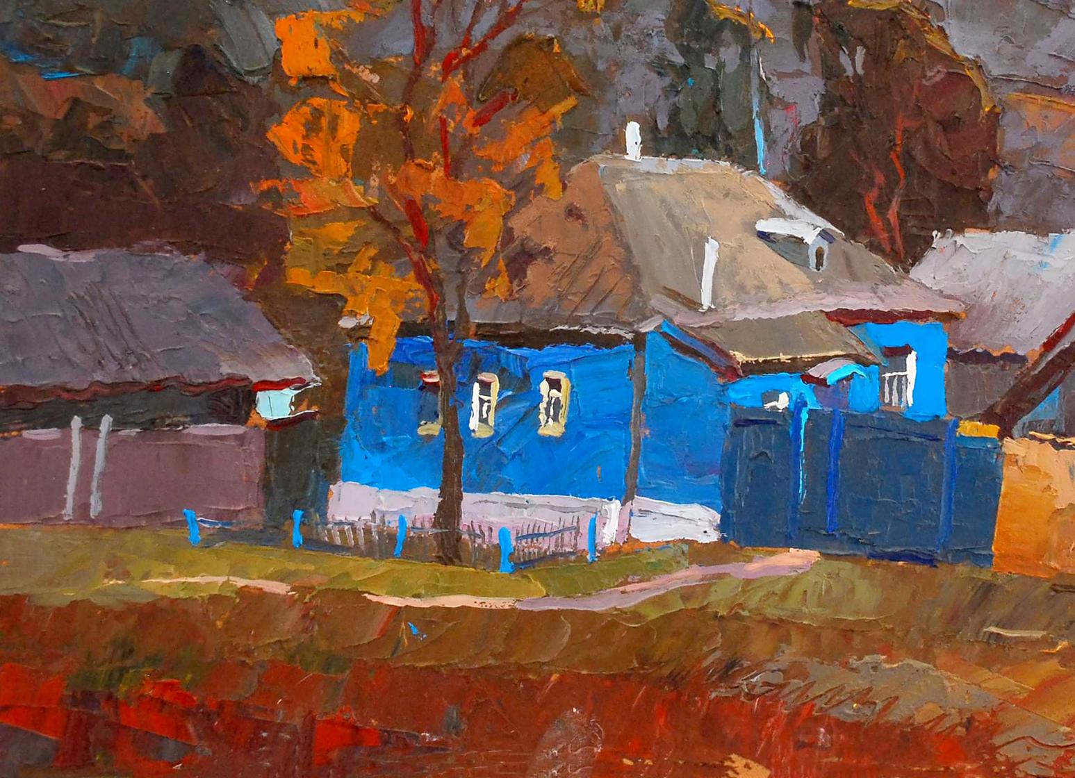 Oil painting The last ray by Egor Shvachunov: vibrant blue house amid autumn trees