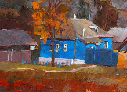 Oil painting The last ray by Egor Shvachunov: vibrant blue house amid autumn trees
