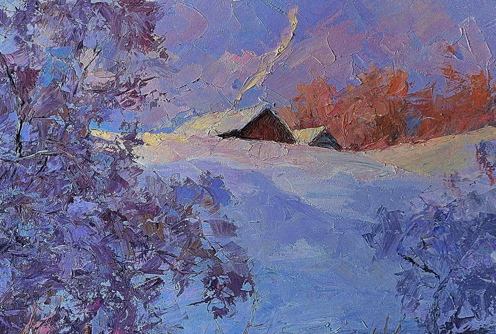 Oil painting Frosty morning by Boris Serdyuk: snowy landscape with purple trees