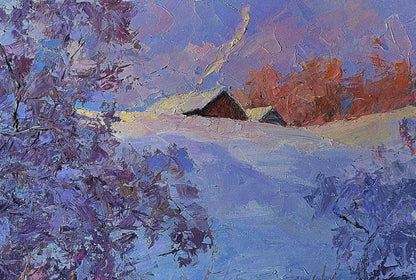 Oil painting Frosty morning by Boris Serdyuk: snowy landscape with purple trees