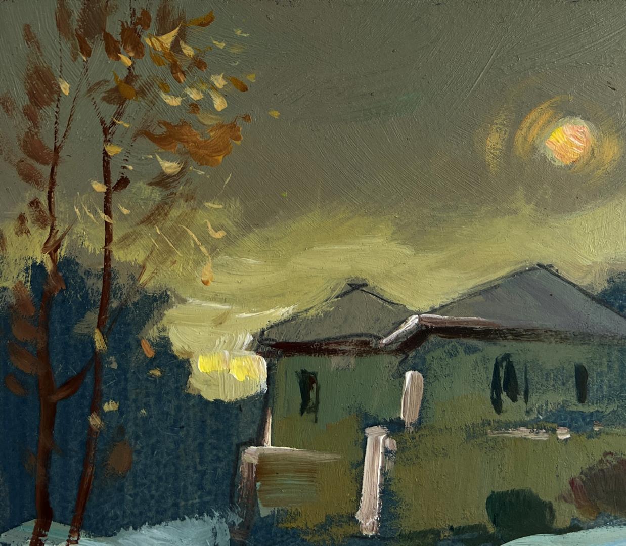 Oil painting of sunset behind rustic green village house by Yuriy Suprunchuk