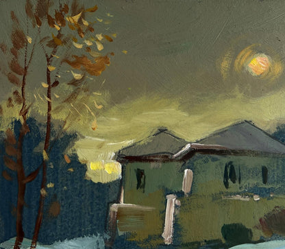 Oil painting of sunset behind rustic green village house by Yuriy Suprunchuk