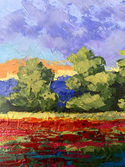 Oil painting Orange glow V. Zadorozhnya: impressionist trees, purple sky, orange horizon