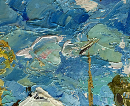 Oleksiy Ivanyuk oil painting The first snow fell textured impasto blue green white gold