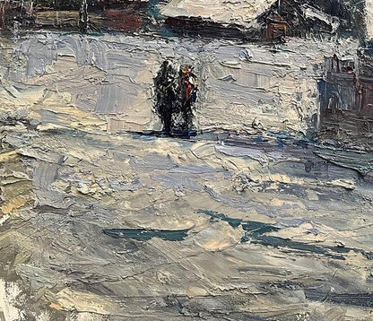 Oil painting March frosts by Volodymyr Pashchenko snowy landscape