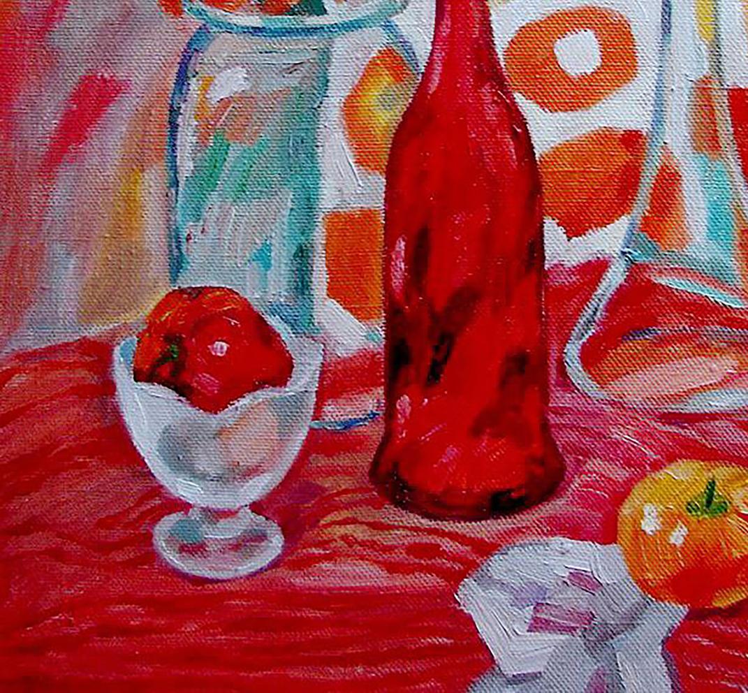 Oil painting Red still life Tatyana Shulyak vibrant red glass bottle