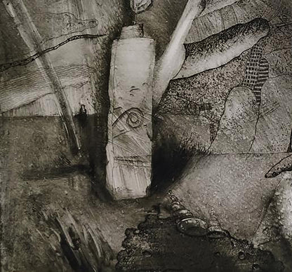 Etching painting of tall cylindrical stone pillar with spirals in cave by Canon unknown artist