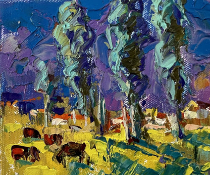 Vibrant Country Nights oil painting by Oleksiy Ivanyuk with teal trees and grazing animals