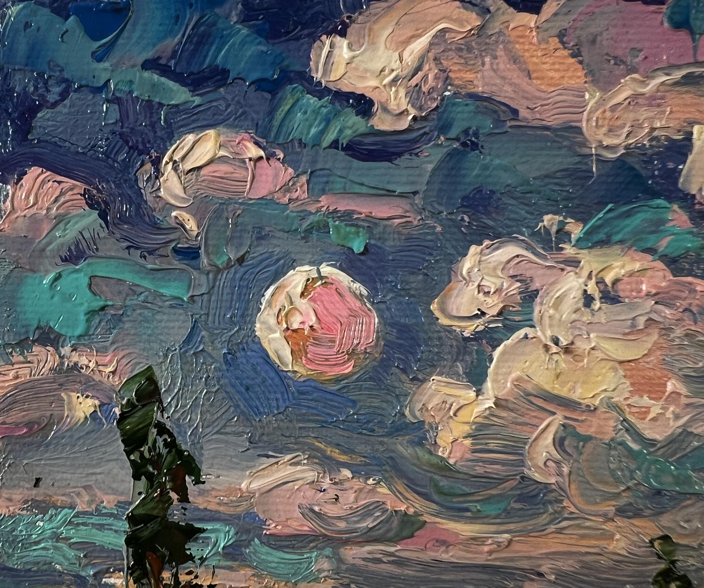 Oil painting Outside the Village by Oksana Ivanyuk with blue-green strokes and pink blossoms
