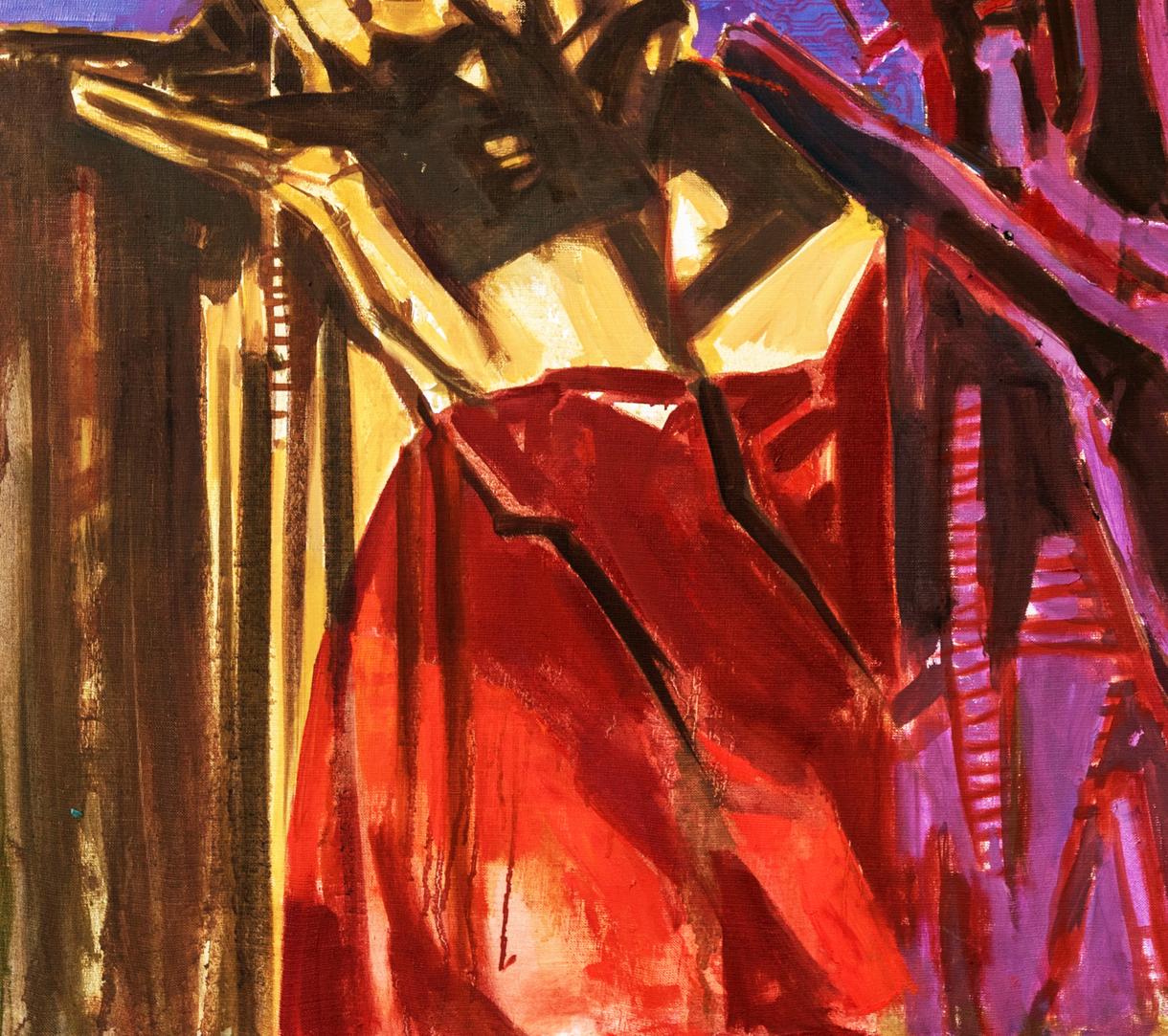 Vibrant red abstract acrylic painting Theater Ed Potapenkov with bold brushstrokes