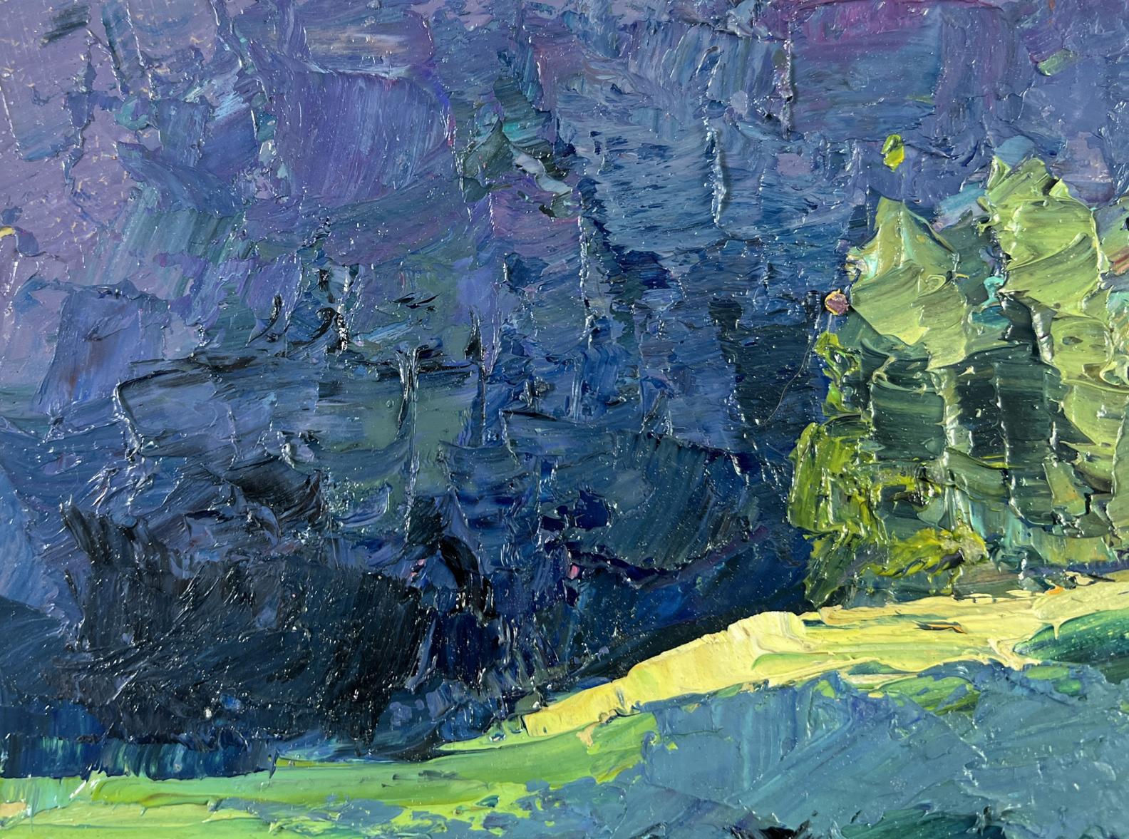 Oil painting Not far from the lake by Boris Serdyuk, impressionist textured blues and yellow
