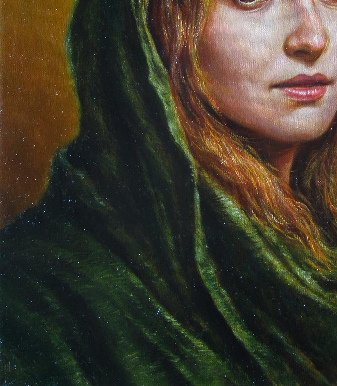 Oil painting Fox Valeriy Bulat: deep green velvet hood on womans shoulders
