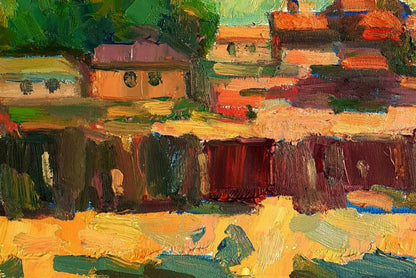 Vibrant impressionist oil painting of village landscape with church by Pavel Dobrev