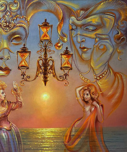 Ornate golden chandelier with sandglass lamps in Venetian Dream oil painting by Natalia Bulat