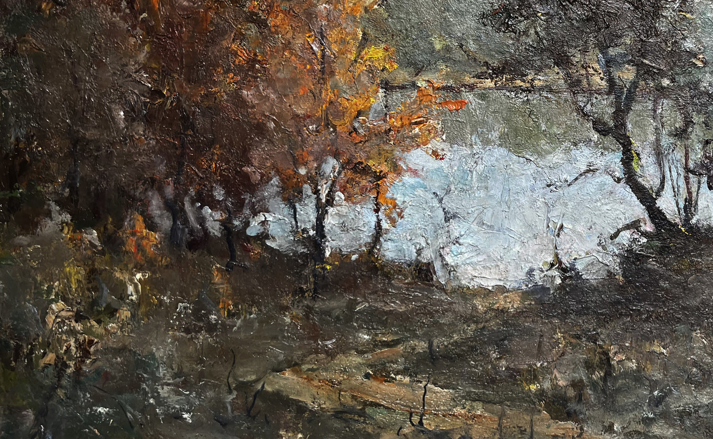 Impressionistic oil painting of autumn lake with orange brown trees on gray landscape