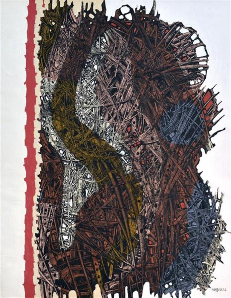 Abstract mixed-media artwork featuring tangled, layered strands of brown, black, silver, and yellow material with bold red vertical stripe on the left.