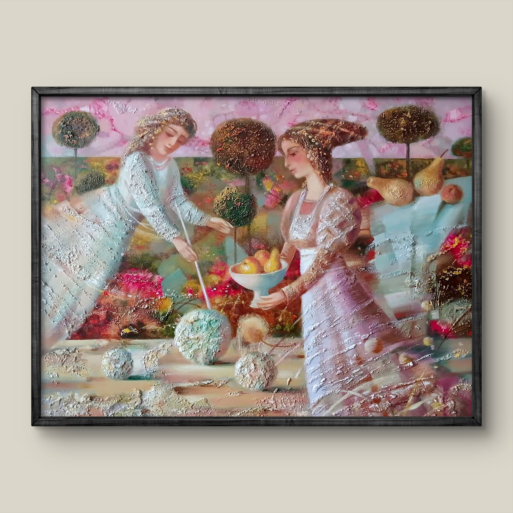 Abstract Autumn Mirage oil painting by Anatoly Tarabanov, two women in garden