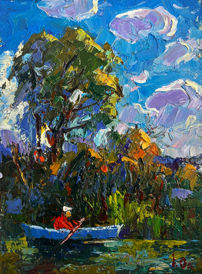 Vibrant impressionist blue rowboat painting by Oleksiy & Oksana Ivaniuk
