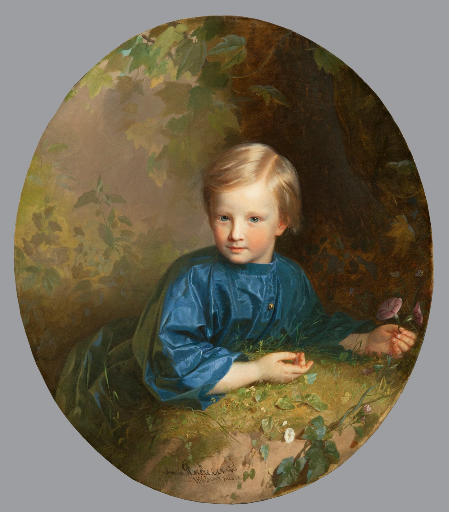 Opanas Rokachevskyi Ukrainian realist portrait of child in blue satin amid foliage