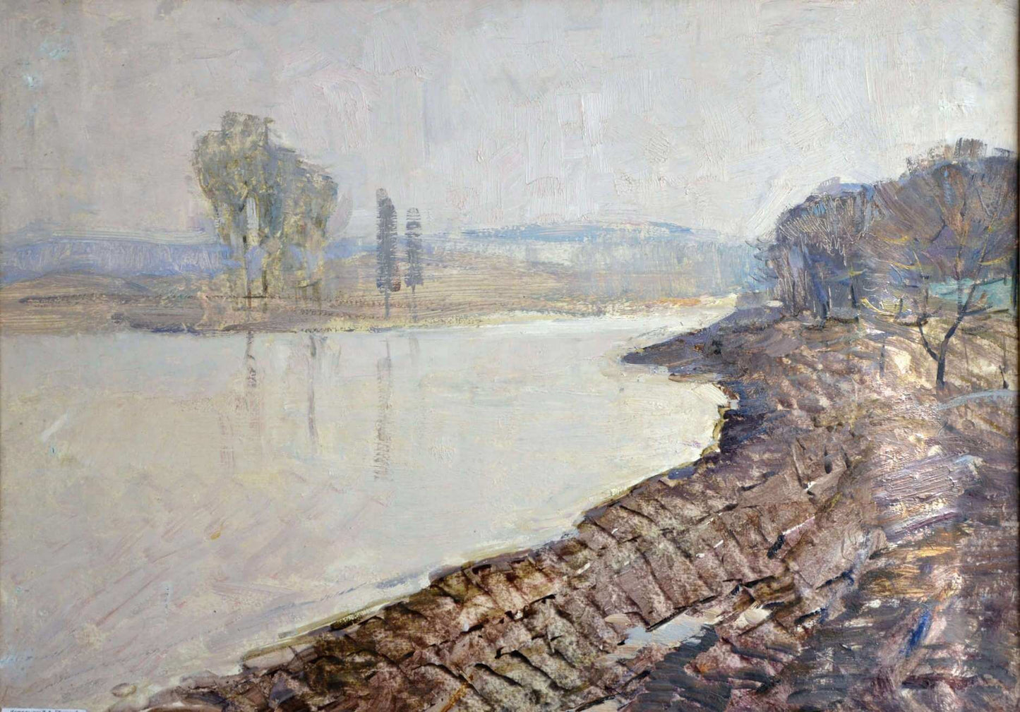Viktor Korolchuk original oil painting of textured riverbank in earth tones