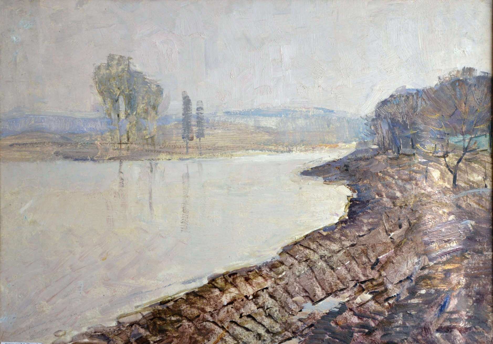 Viktor Korolchuk original oil painting of textured riverbank in earth tones