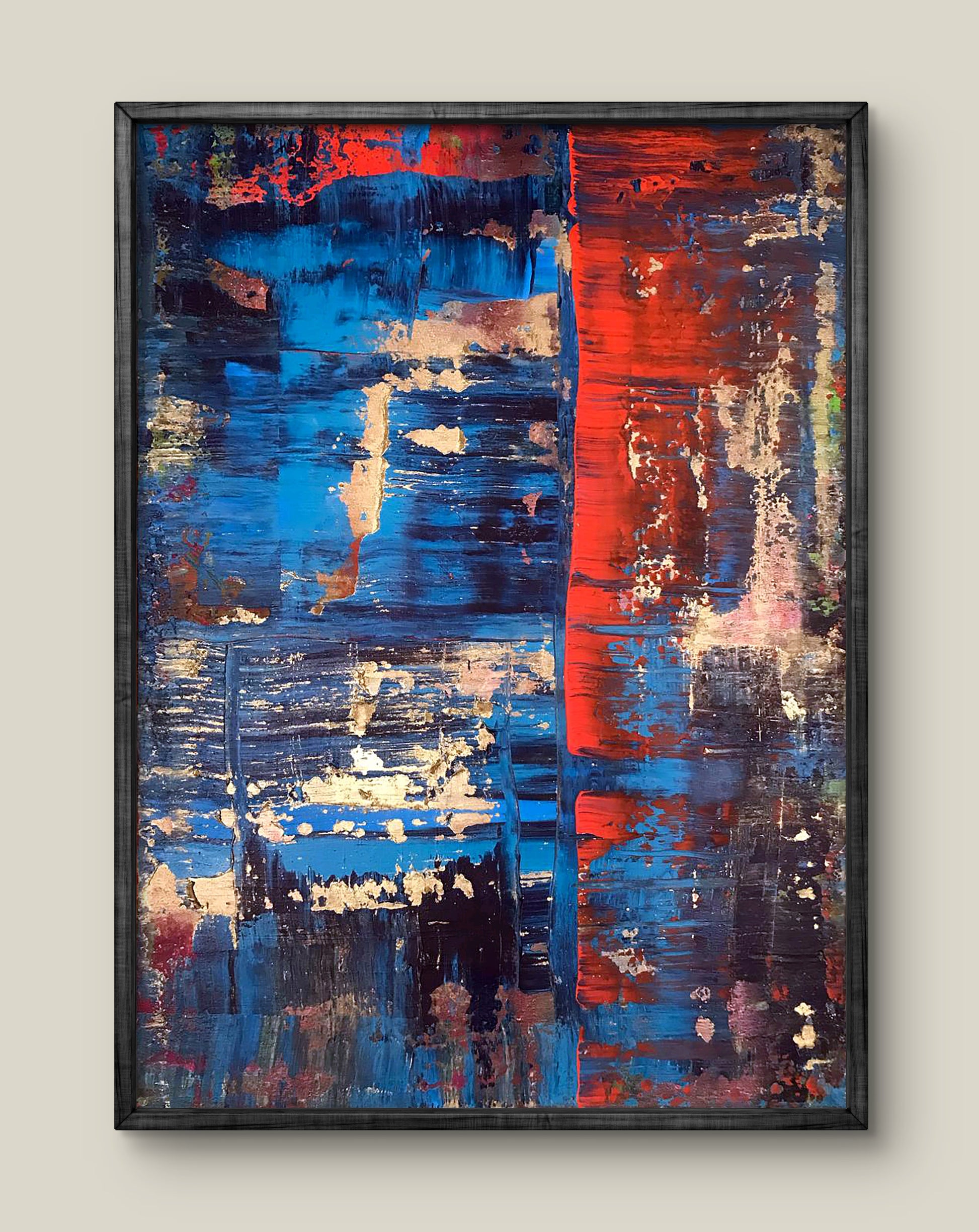 Acrylic painting Pleasure by Olga Melezhik in dark frame with blue red strokes