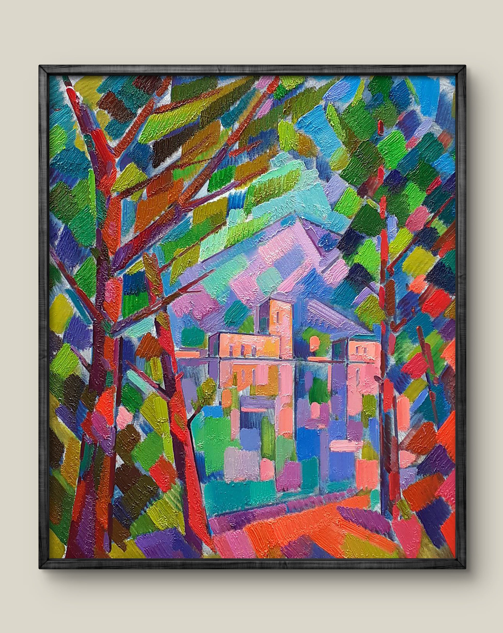 Oil painting In the mountains by Peter Dobrev, vibrant village framed by trees