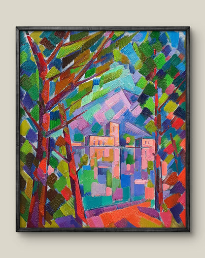 Oil painting In the mountains by Peter Dobrev, vibrant village framed by trees