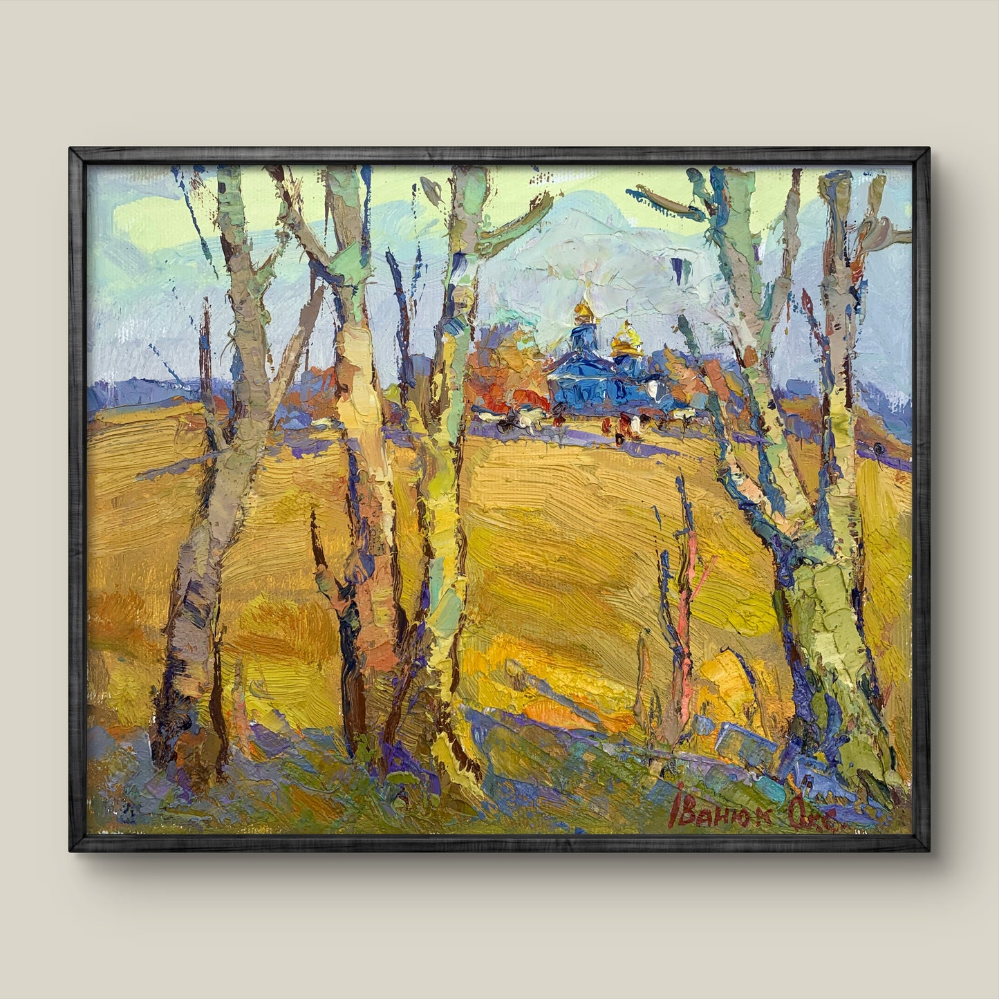 Framed oil painting The sound of autumn bells by Oksana Ivanyuk with birch trees