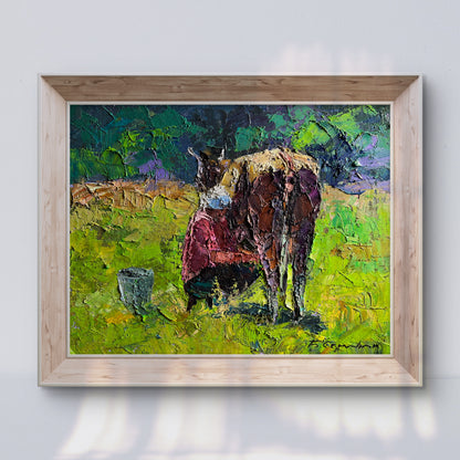 Oil painting of patchy cow on green grass by Boris Serdyuk in wood frame