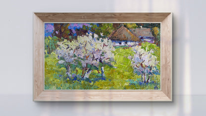 Framed impressionist oil painting Blooming spring by Oksana Ivanyuk