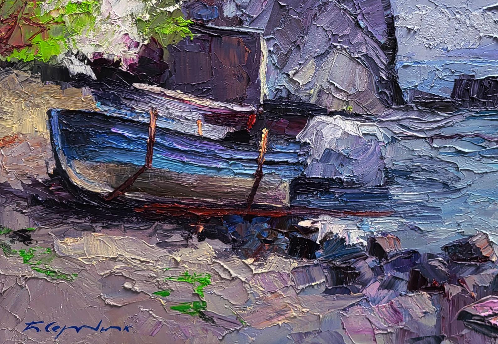 Oil painting of blue brown rowboat on rocky shore by Boris Serdyuk