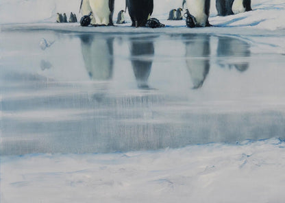 Oil painting of penguin colony on ice by Oleg Kateryniuk