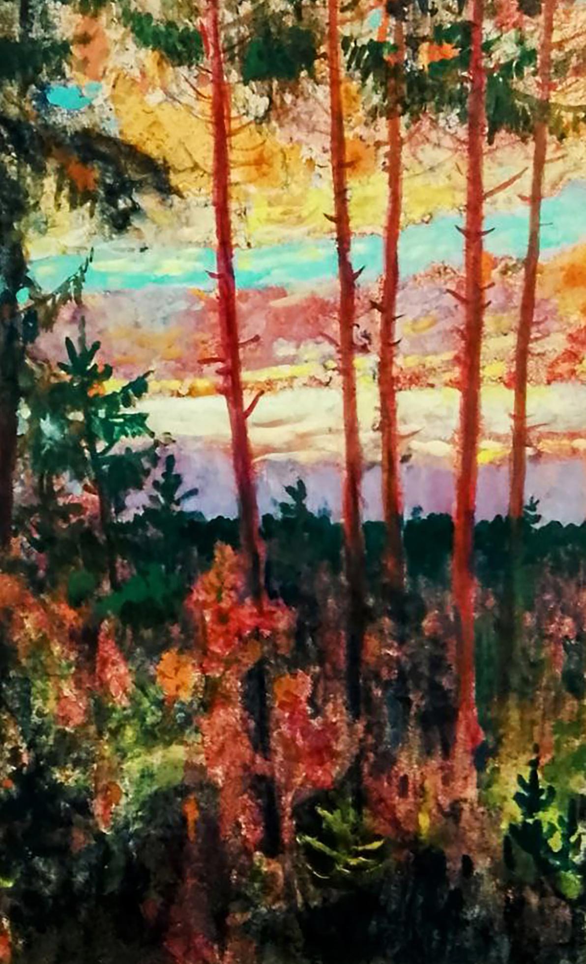 Oil painting Red clouds over the forest by Vitaly Duhnevich