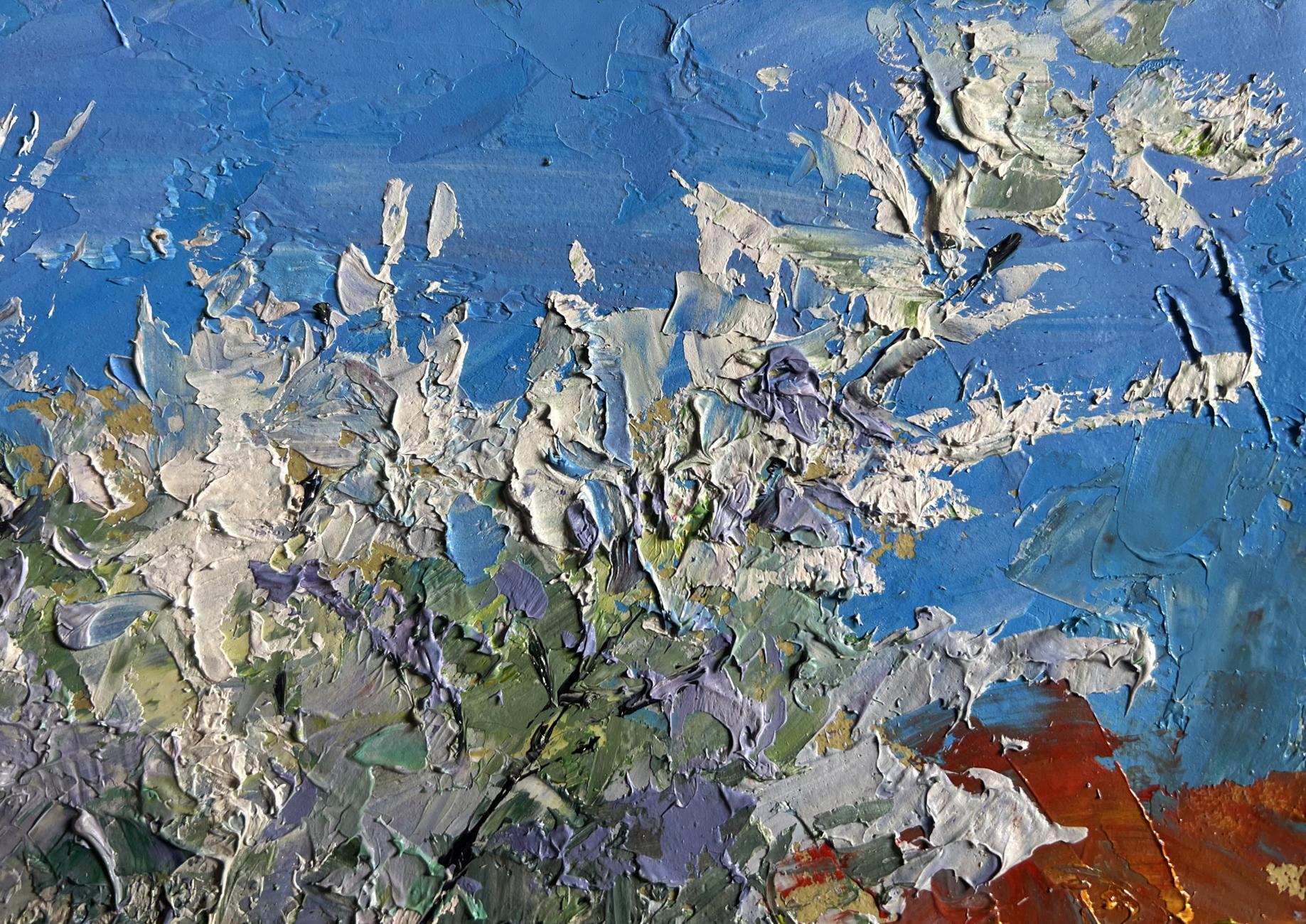 Oil painting of flowering tree and chickens by Boris Serdyuk, textured impasto abstract