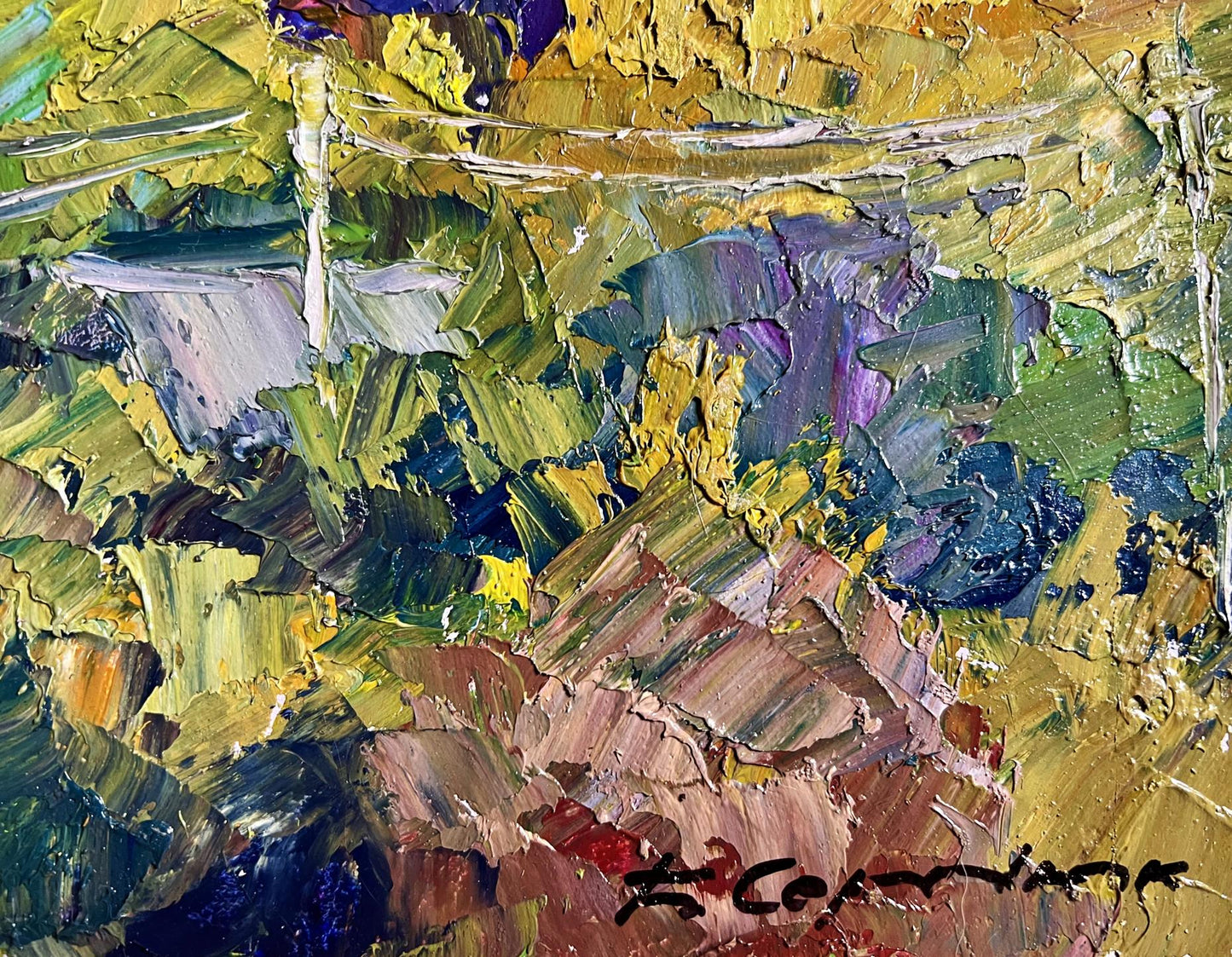 Vibrant Crimson Autumn oil painting by Boris Serdyuk with impressionist brushstrokes