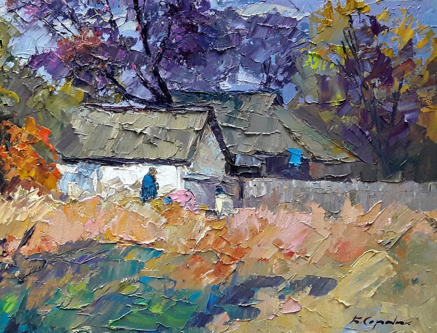 Oil painting Autumn chores by Boris Serdyuk: rustic cottage in autumn trees