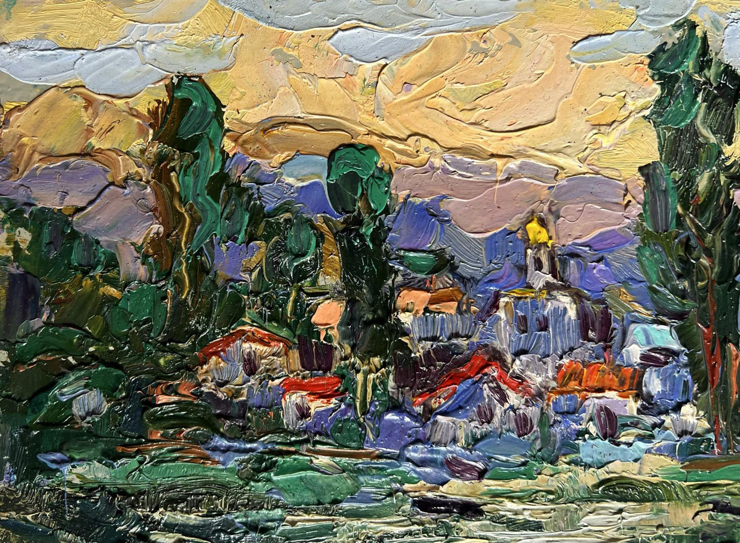 Vibrant impressionist oil painting by Oleksiy Ivanyuk of riverside village in lush trees