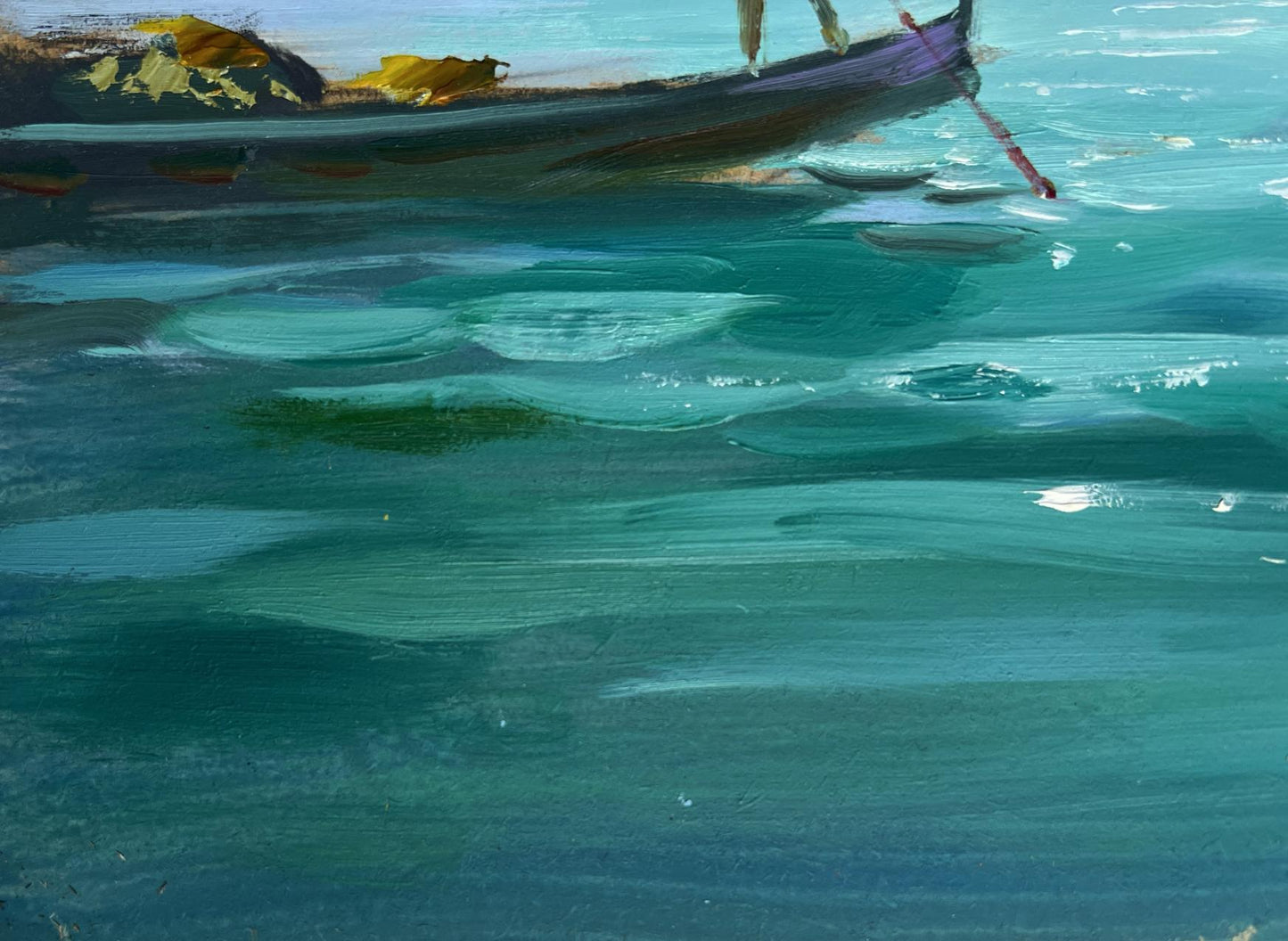 Oil painting of painted wooden boat with purple hull on turquoise water by Yuriy Suprunchuk
