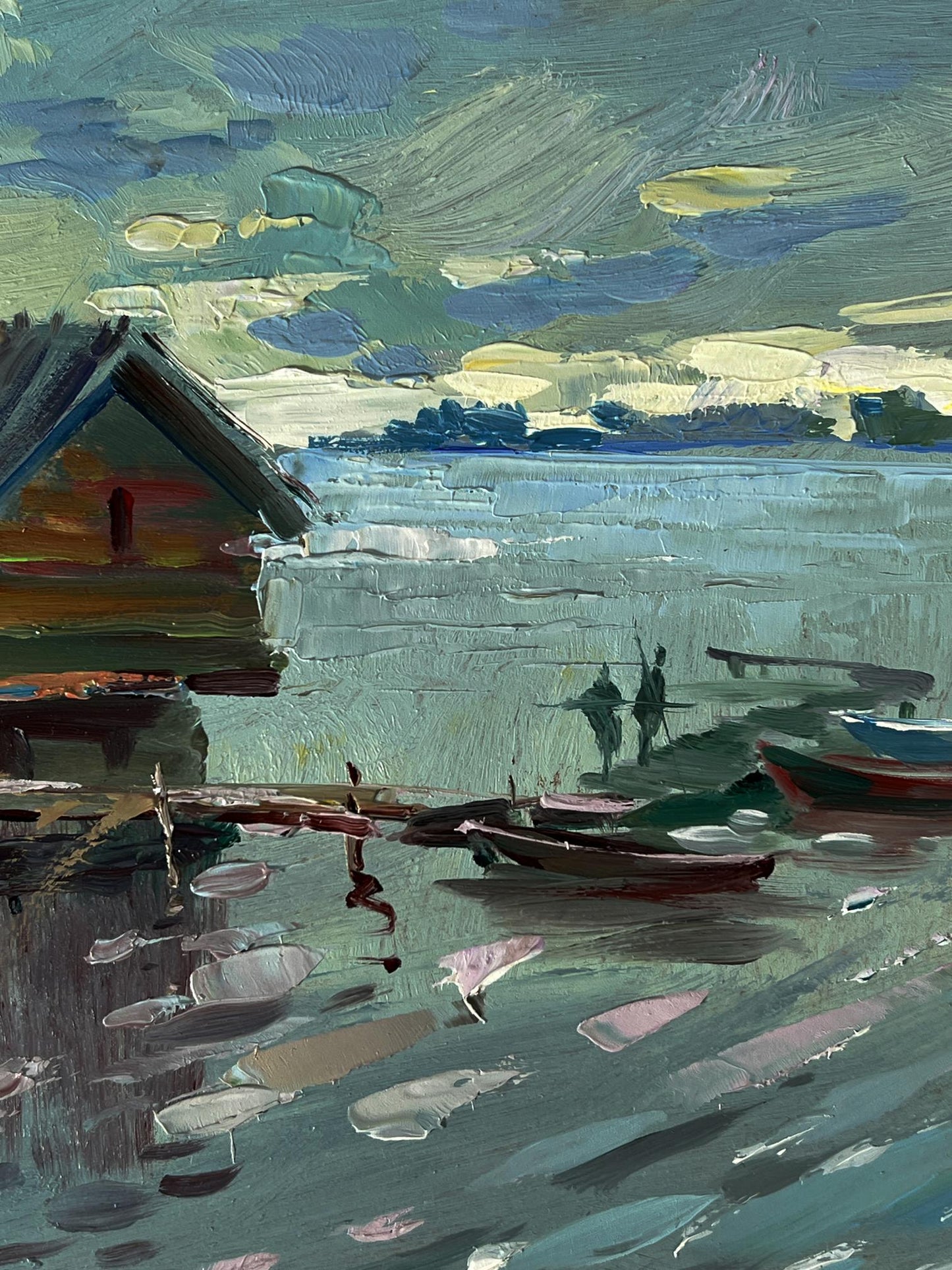 Oil painting by Yuriy Suprunchuk: textured houses on water with boats