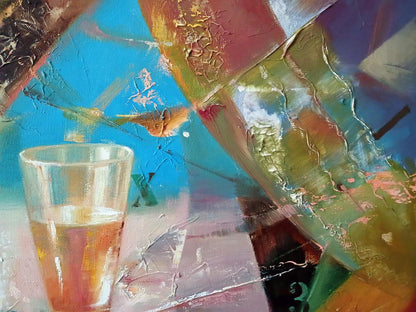 Clear glass tumbler with amber liquid on Thaw abstract oil painting by Anatoly Tarabanov